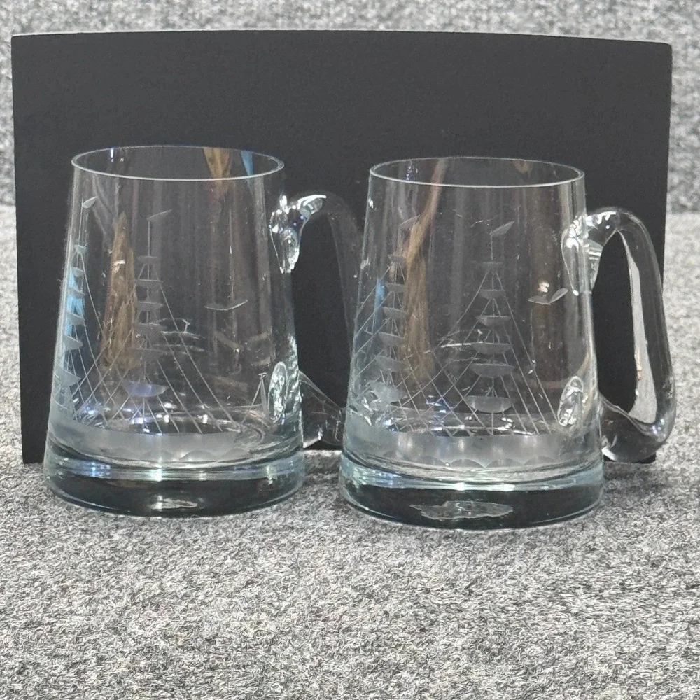 Unbranded Etched Glass Ship Beer Mugs Set of 2 Clear Nautical Sailing Coastal
